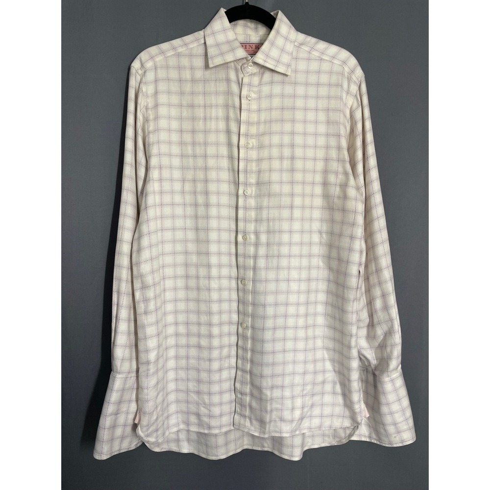 Thomas Pink Mens Cream Royal Twill Grid Check French Cuff Dress Shirt Sz 15 33.5 - Picture 2 of 10